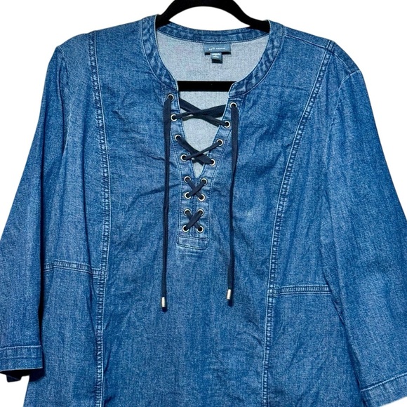 J.Jill Denim Lace Up Neckline Raw Frayed Hemline 3/4 Sleeve Cotton Dress - Picture 3 of 12